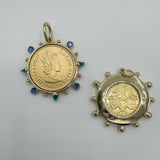 Queen Elizabeth Gold Replica Coin with Colored cz Studs and Stones Charm