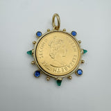 Queen Elizabeth Gold Replica Coin with Colored cz Studs and Stones Charm